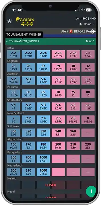 Golden444 mobile screenshot — place cricket bets and access casino games