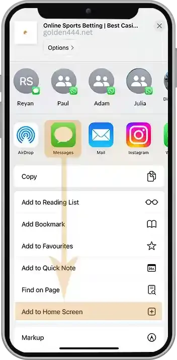 Golden444 iOS guide — select Add to Home Screen to create cricket ID shortcut