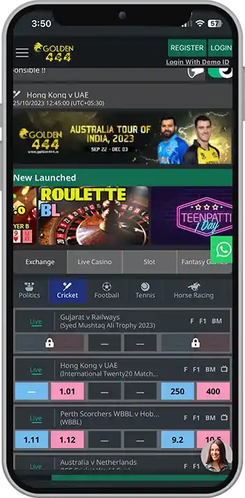 Golden444 app screenshot — online casinos in India, live games and betting dashboard