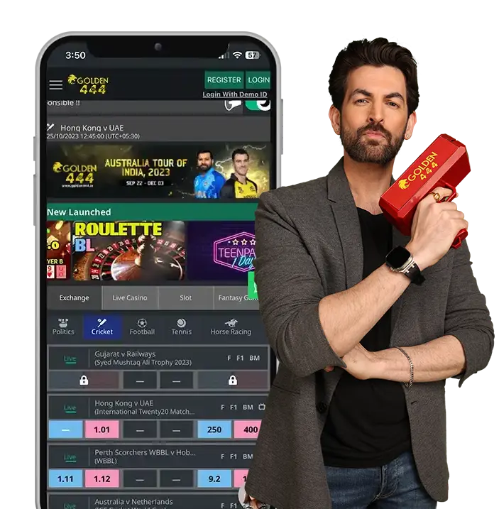Golden444 app banner showing live cricket betting interface — online cricket ID and live odds