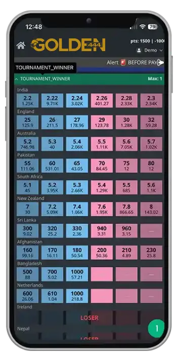 Golden444 mobile screenshot — place cricket bets and access casino games