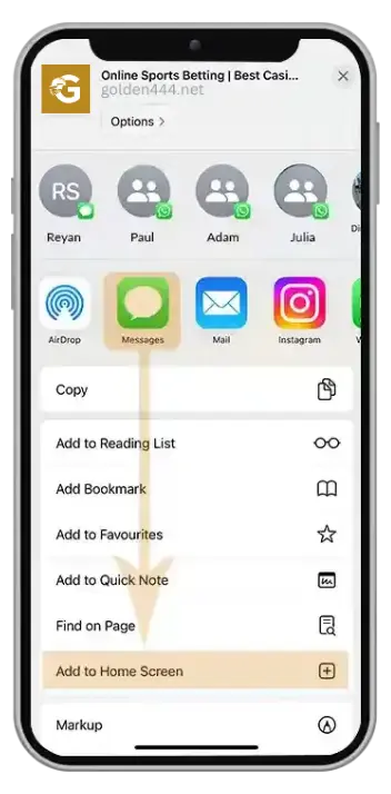 Golden444 iOS guide — select Add to Home Screen to create cricket ID shortcut