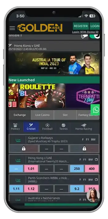 Golden444 app screenshot — online casinos in India, live games and betting dashboard