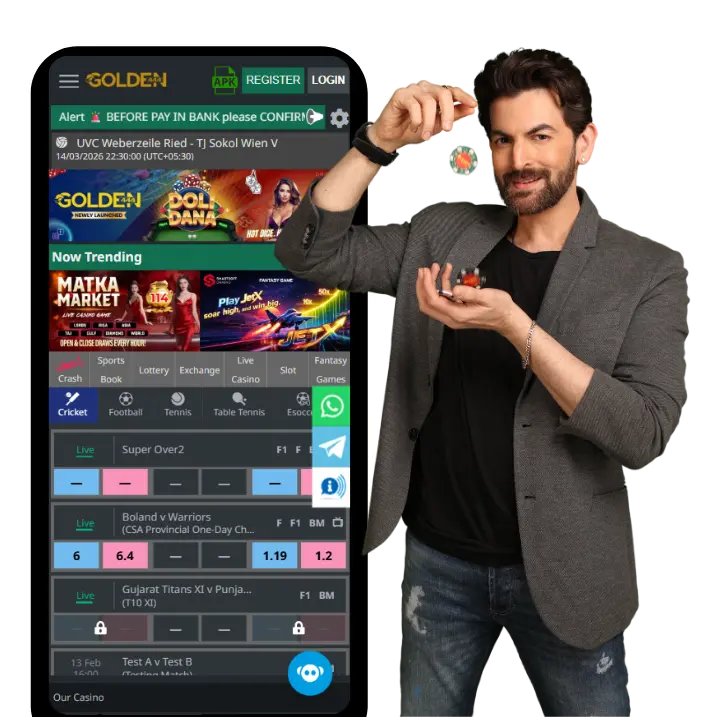 Golden444 app banner showing live cricket betting interface — online cricket ID and live odds